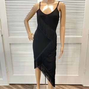 NWT midi dress with adjustable spaghetti straps, asymmetrical hem, fringe detail